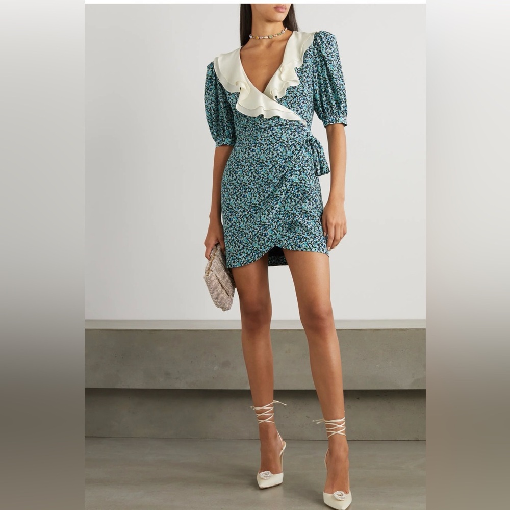 Alessandra Rich Blue Floral Mini Dress with Cream Ruffle Collar